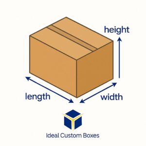 A cardboard box with arrows showing how to measure length, width, and height for accurate box dimensions, with Ideal Custom Boxes logo.