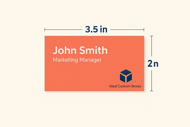 Colorful business card with dimensions 3.5 inches by 2 inches, showing standard U.S. business card size for 2025, with Ideal Custom Boxes logo.