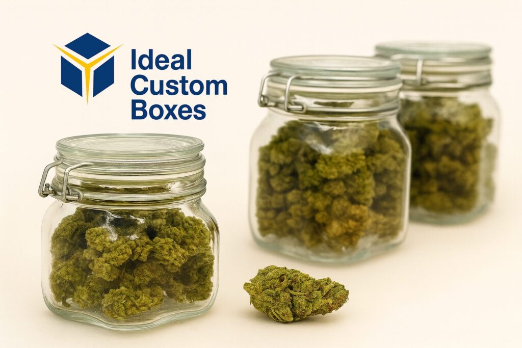 Glass jars filled with cannabis buds displayed on a shelf, featuring the Ideal Custom Boxes logo, used in a blog about weed measurements and a quarter of weed (7g).