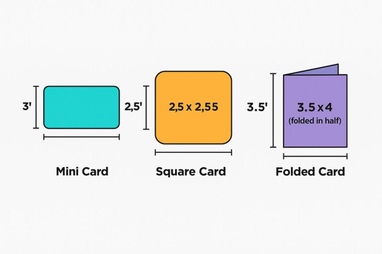 Illustration showing three types of business cards: mini card, square card, and folded card, with their respective dimensions in inches.