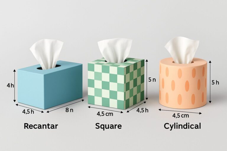 Three tissue boxes in different shapes - rectangular, square, and cylindrical - with labeled dimensions for height, width, and depth, showing standard tissue box sizes.