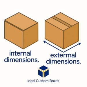 Two boxes side by side showing the difference between internal dimensions and external dimensions, used for packaging and shipping, with Ideal Custom Boxes logo.