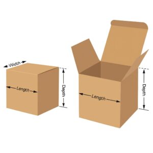 3D illustration of two cardboard boxes in matte brown and beige tones showing labeled dimensions for length, width, and depth, with one box closed and the other open for packaging reference.