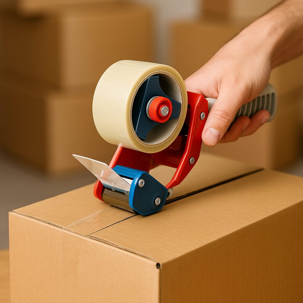 Close-up of a person sealing a brown cardboard box with clear packing tape using a red and blue tape dispenser in a packaging workspace.