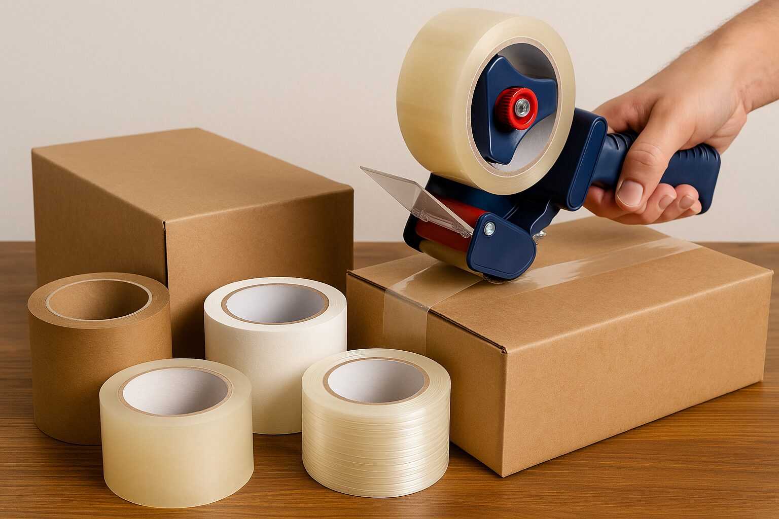 Assorted rolls of packaging tape — including clear BOPP, kraft paper, and filament tape — arranged on a wooden table beside cardboard boxes, with a hand using a tape dispenser to seal one box.