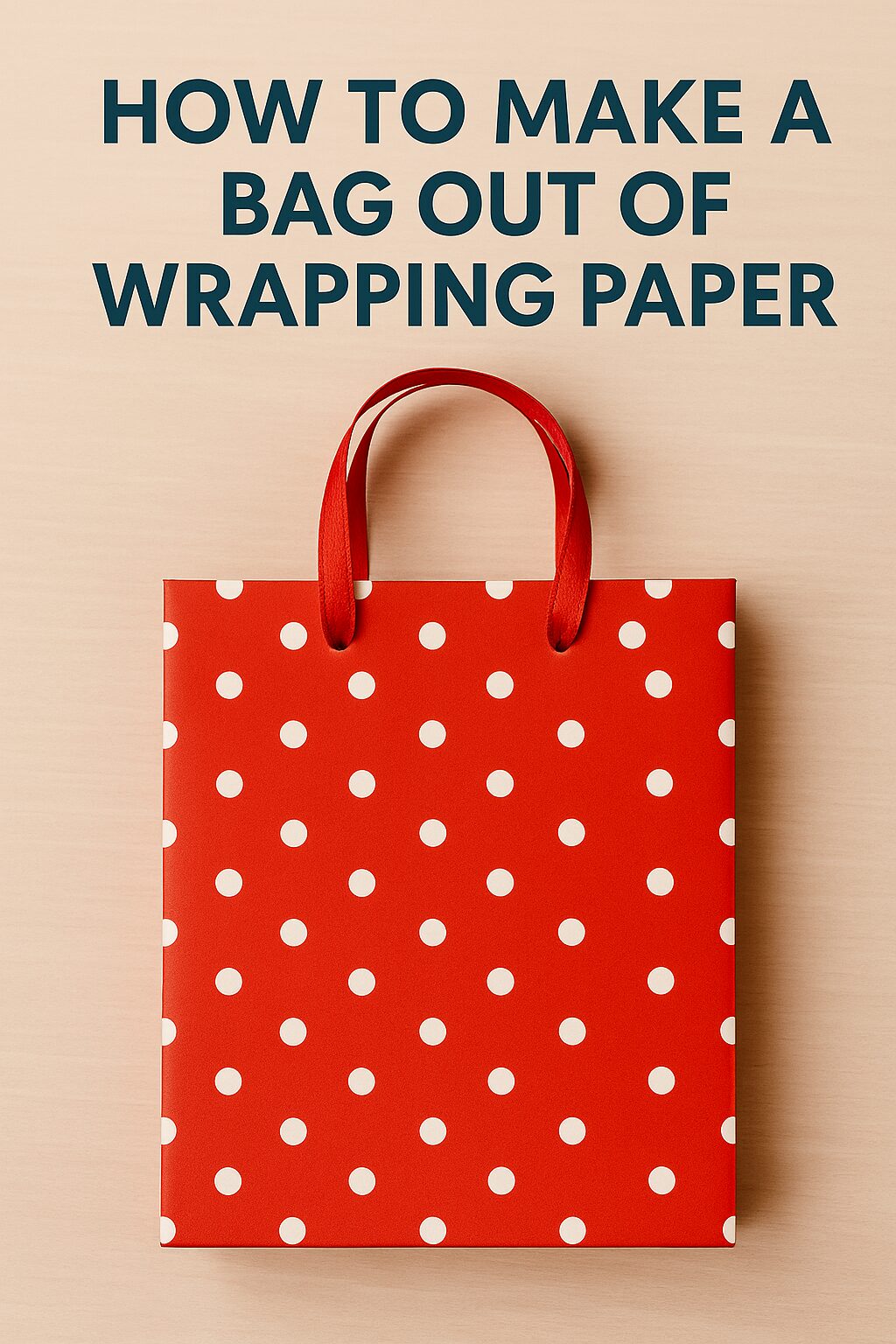 Red polka dot gift bag with ribbon handles on a light wood background, used as a featured image for a DIY wrapping-paper bag tutorial.