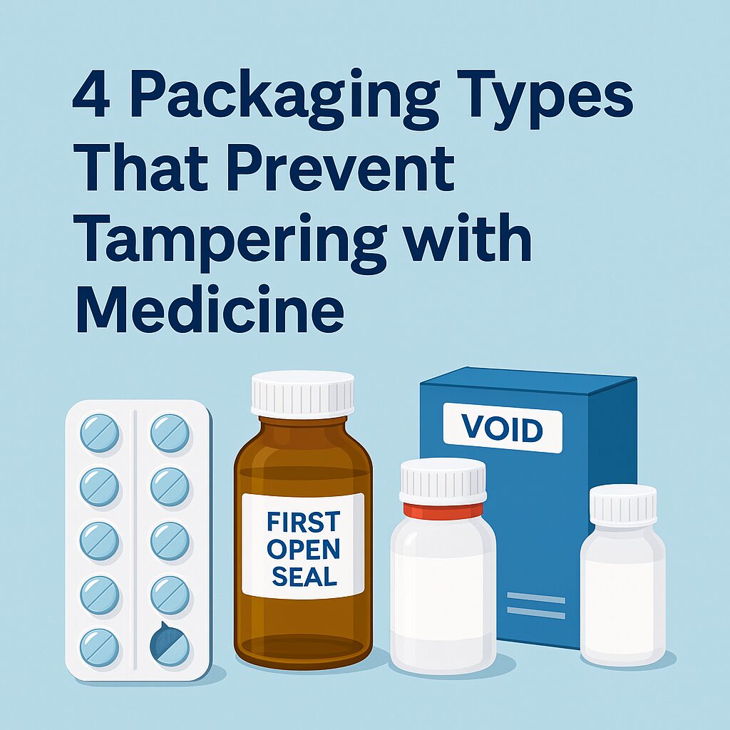 Illustration showing four types of tamper-evident medicine packaging including blister pack, induction seal bottle, shrink band bottle, and VOID-sealed carton.
