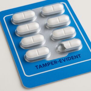 Medicine blister pack with individually sealed tablets and one broken tamper-evident foil cavity.