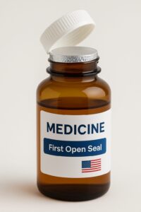 Amber medicine bottle with a child-resistant cap and intact foil induction seal labeled ‘First Open Seal’