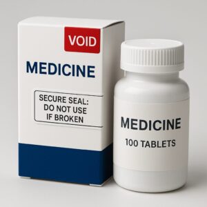 Medicine box with VOID tamper-evident seal next to a white bottle with a child-resistant cap.