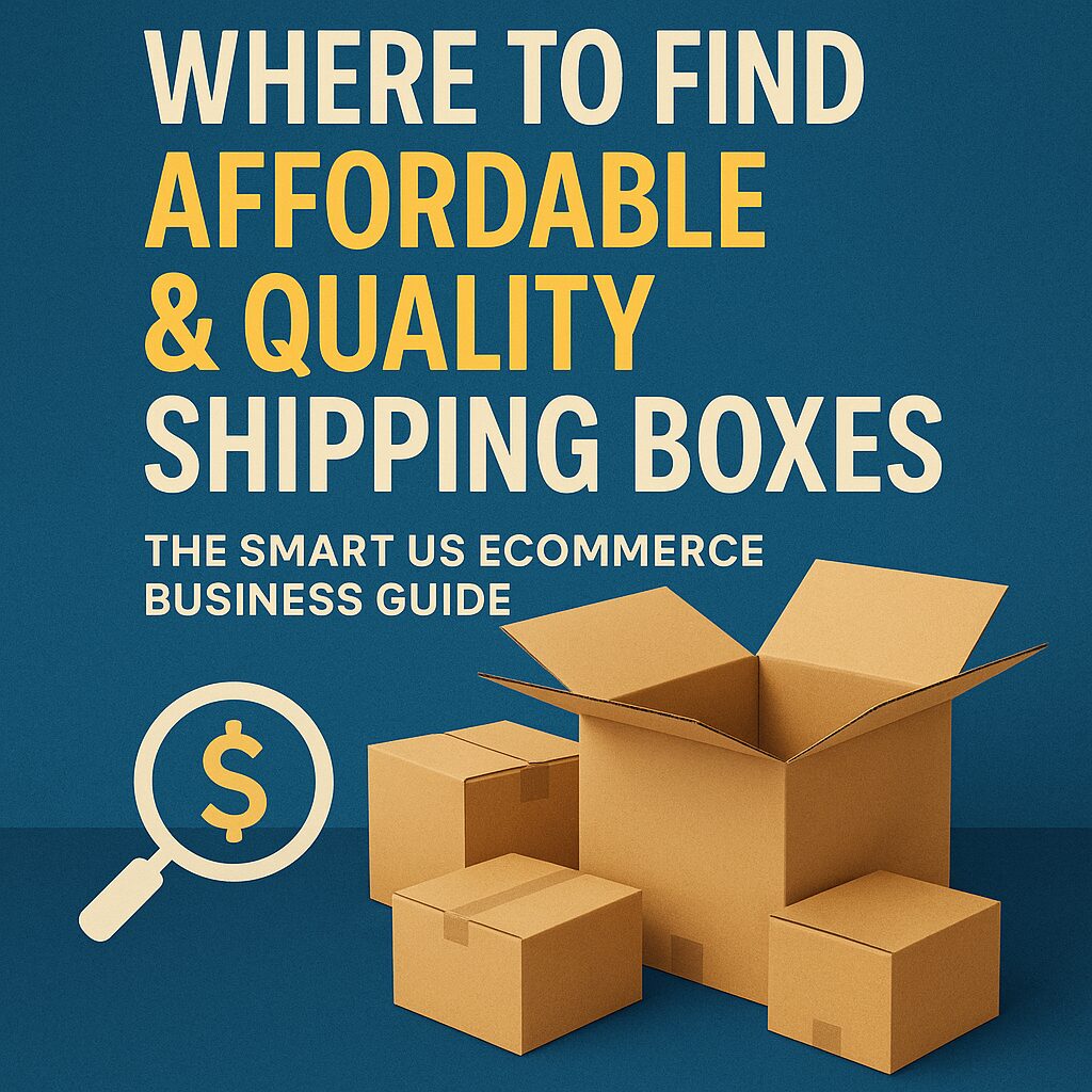 Featured image showing several brown corrugated shipping boxes with a magnifying glass icon and bold text that reads ‘Where to Find Affordable & Quality Shipping Boxes – The Smart US eCommerce Business Guide.’