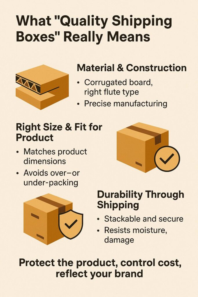 Infographic explaining what quality shipping boxes mean, showing icons of corrugated material, properly sized boxes, and durable packaging, with points about construction, right fit, strength, and brand protection.