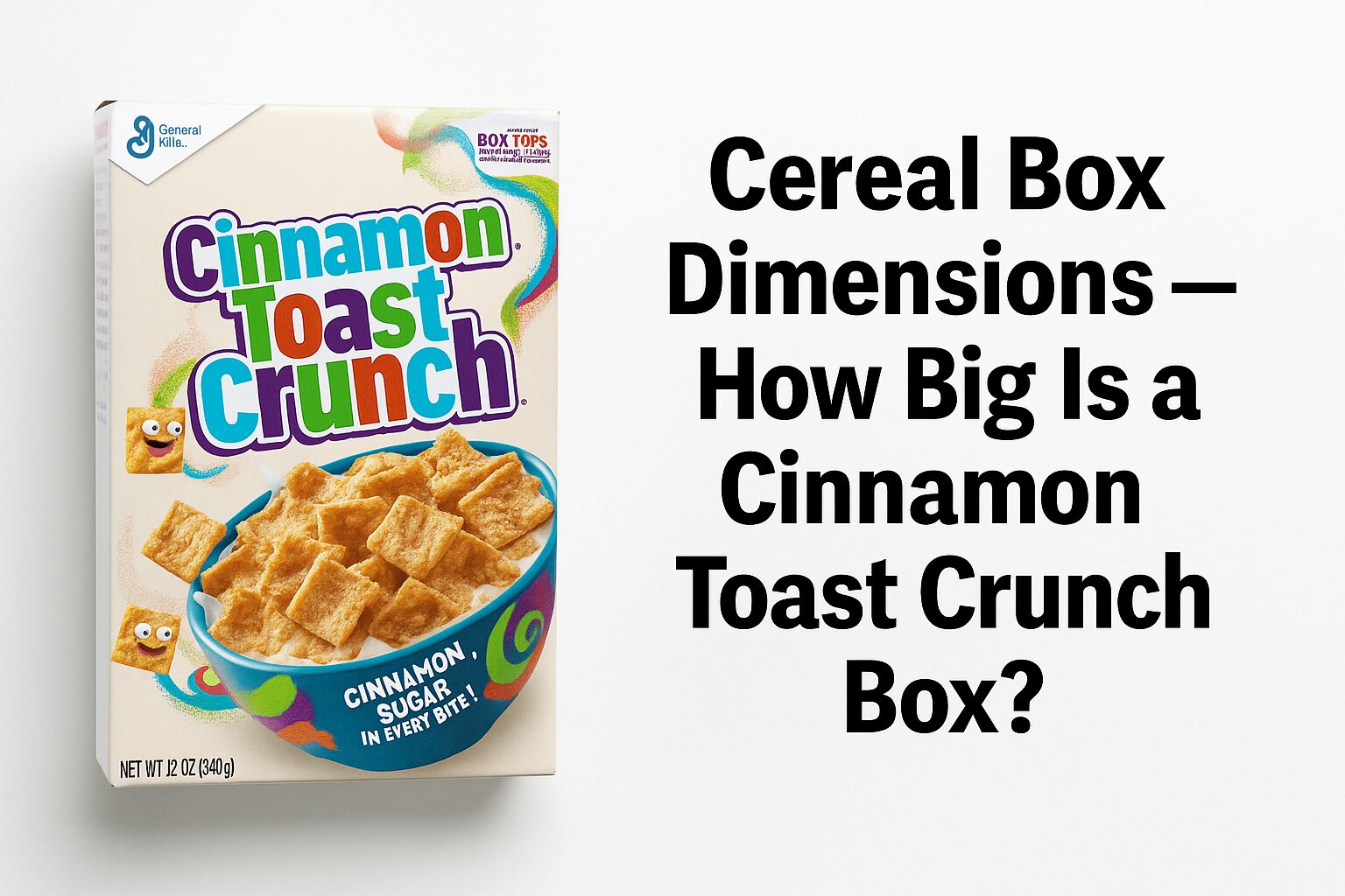 Cereal box dimensions showing the size of a Cinnamon Toast Crunch box with packaging design