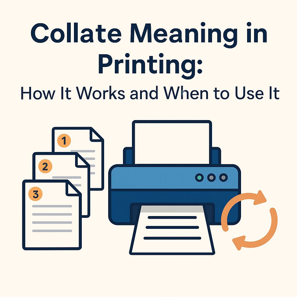 Illustration showing collated printing with numbered pages being printed in correct order from a printer