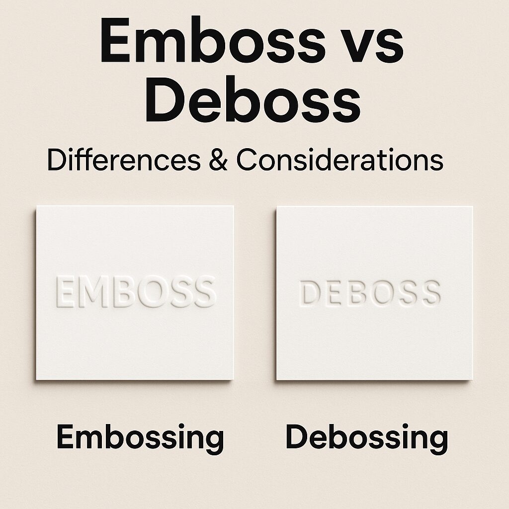 Emboss vs deboss comparison showing raised embossing and recessed debossing on cardstock paper