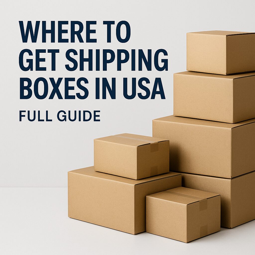 Stack of corrugated shipping boxes with text Where to Get Shipping Boxes in USA featured image.