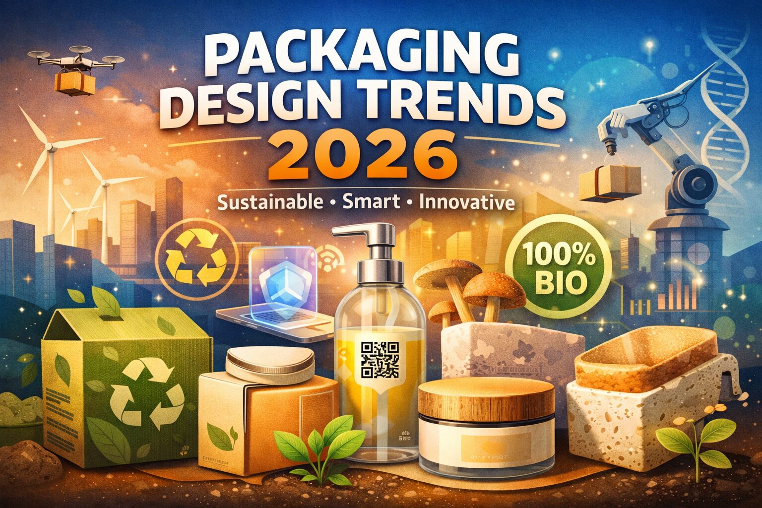 Packaging design trends 2026 featuring sustainable materials, smart packaging technology, and innovative eco-friendly product designs.