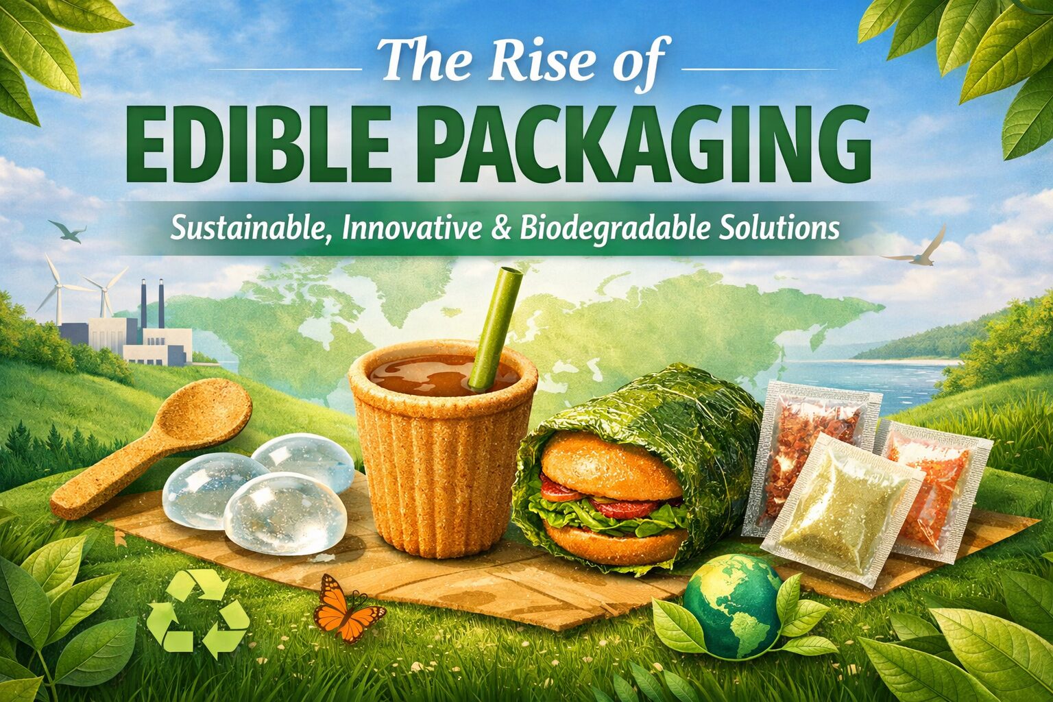 Illustration showing edible packaging solutions like edible cups, seaweed food wraps, biodegradable utensils, and dissolvable sachets representing sustainable and eco-friendly packaging.
