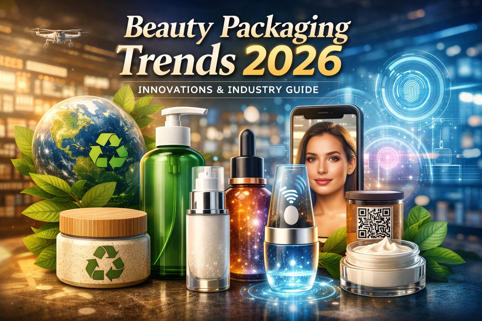 Beauty packaging trends 2026 illustration showing sustainable cosmetic packaging, recyclable containers, smart QR-enabled bottles, refillable skincare packaging, and futuristic beauty technology.