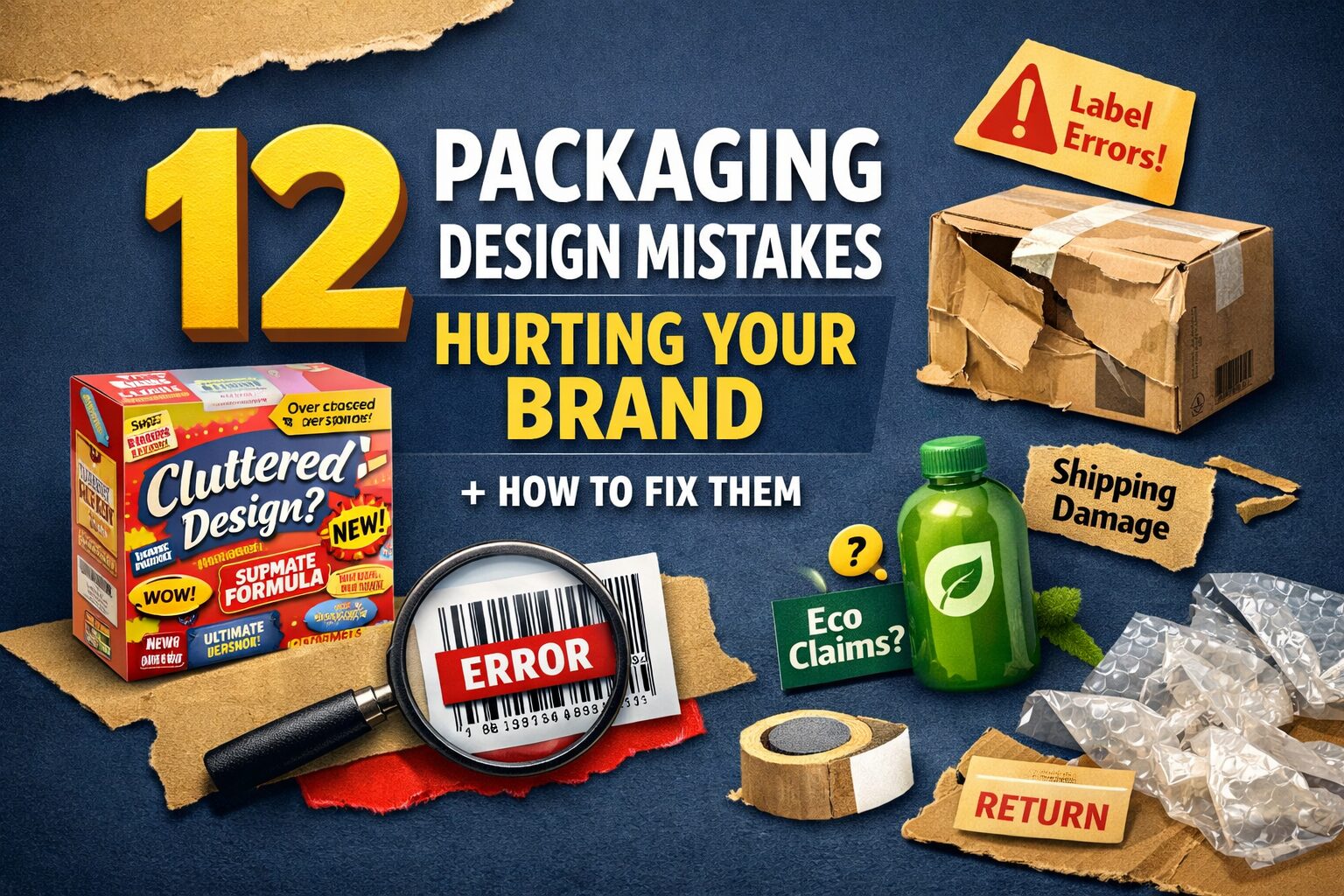 Featured image showing 12 packaging design mistakes that hurt your brand, including cluttered packaging, label errors, shipping damage, and misleading eco claims.