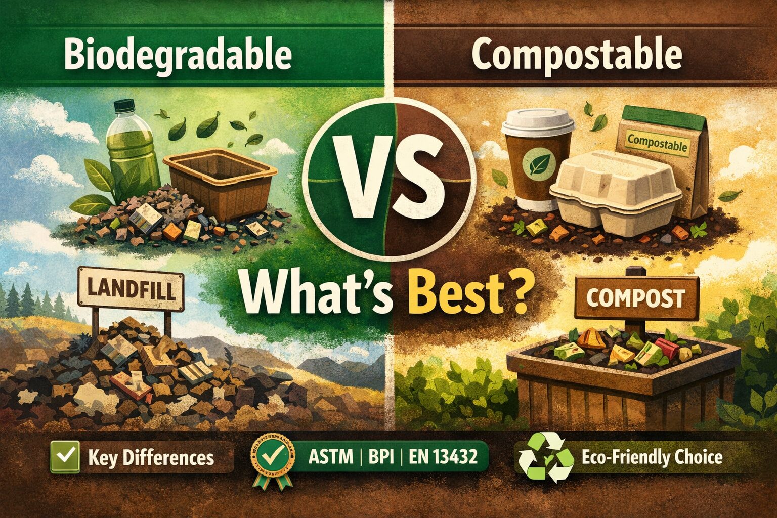 Biodegradable vs compostable packaging comparison showing landfill waste on one side and compostable food containers on the other.