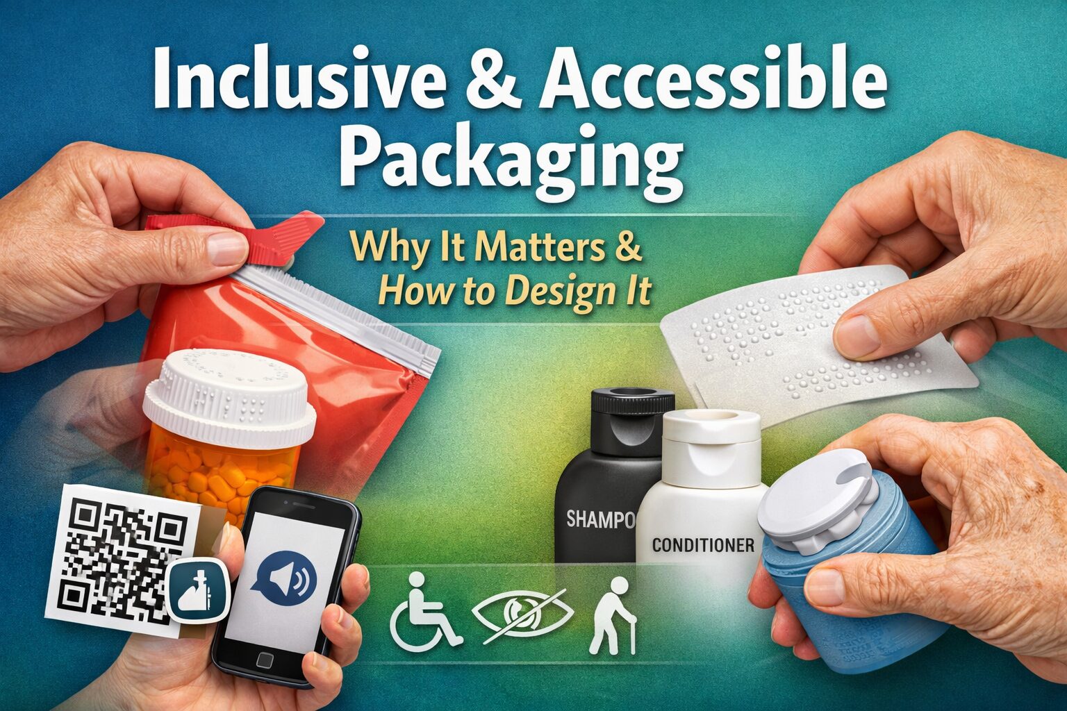 Hands demonstrating inclusive and accessible packaging features like Braille labeling, easy-open pouch, and QR code accessibility
