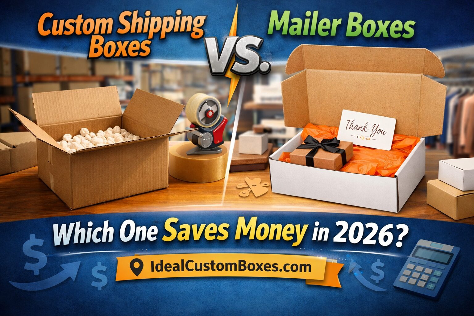 Side-by-side image of a corrugated shipping box and branded mailer box with text: Which one saves money in 2026?