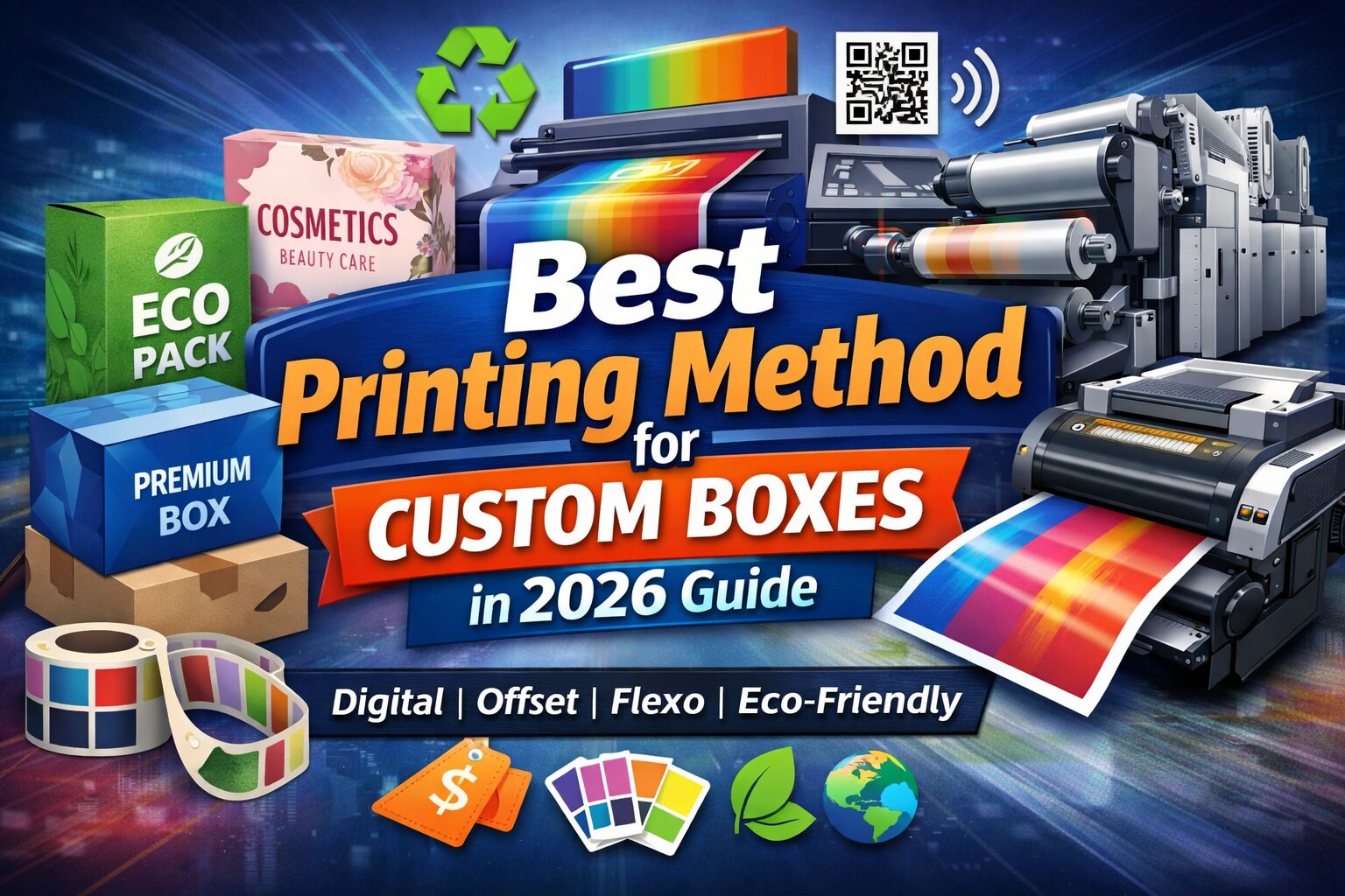 Best printing method for custom boxes in 2026 featuring digital, offset, and flexographic printing machines with eco-friendly packaging boxes.
