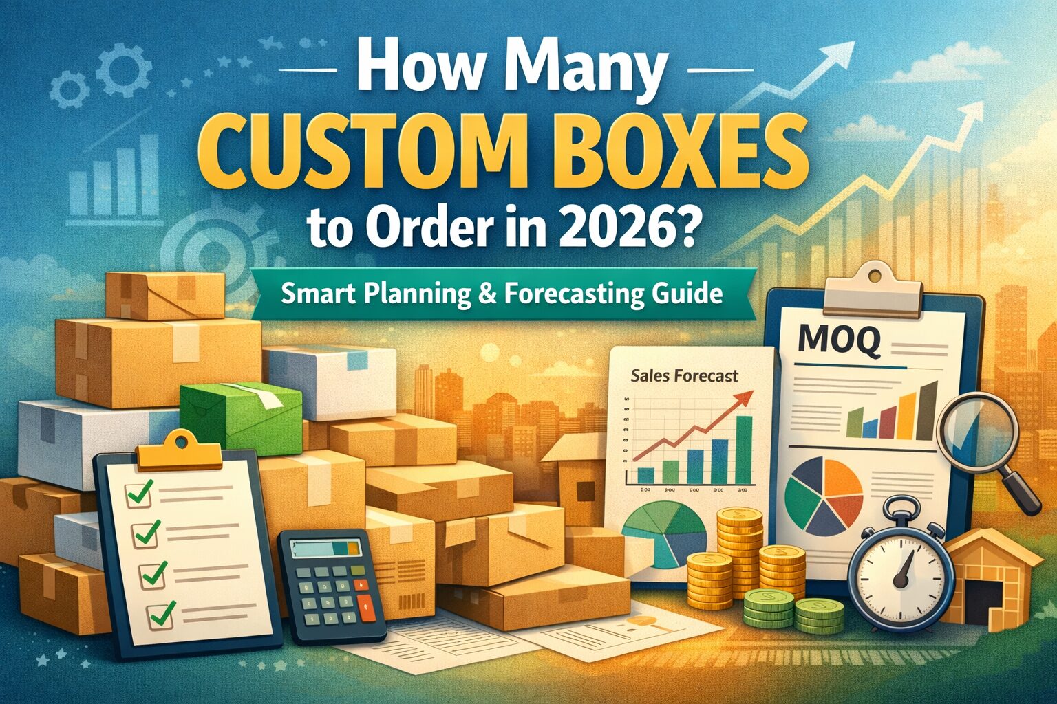 How many custom boxes to order in 2026 guide showing stacked packaging boxes, sales forecast charts, MOQ clipboard, and inventory planning visuals.