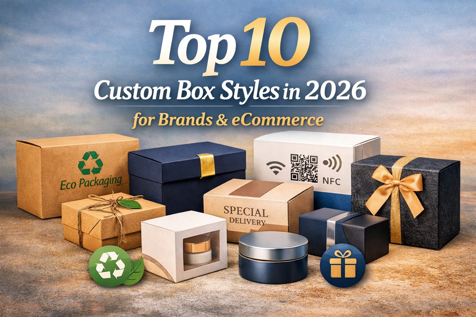 Top 10 custom box styles in 2026 featuring eco-friendly, rigid, mailer, smart, and luxury packaging designs for brands and eCommerce
