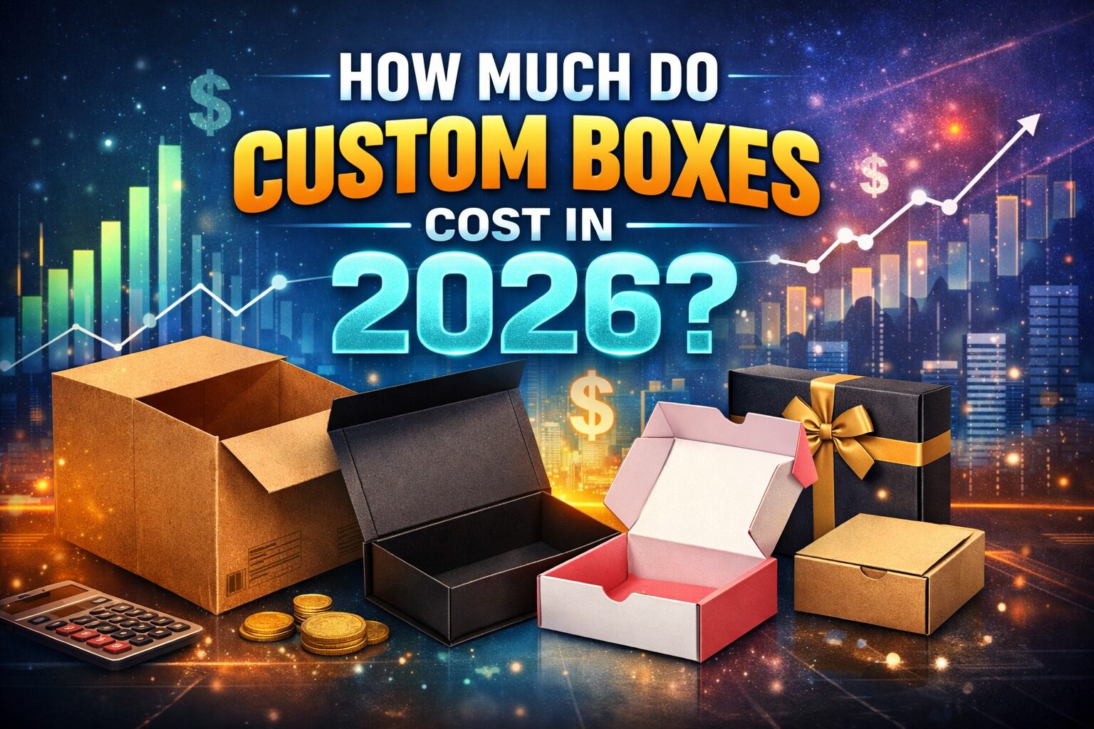 Custom boxes cost in 2026 with different packaging types including corrugated, rigid, and mailer boxes displayed alongside financial graphs and pricing elements.
