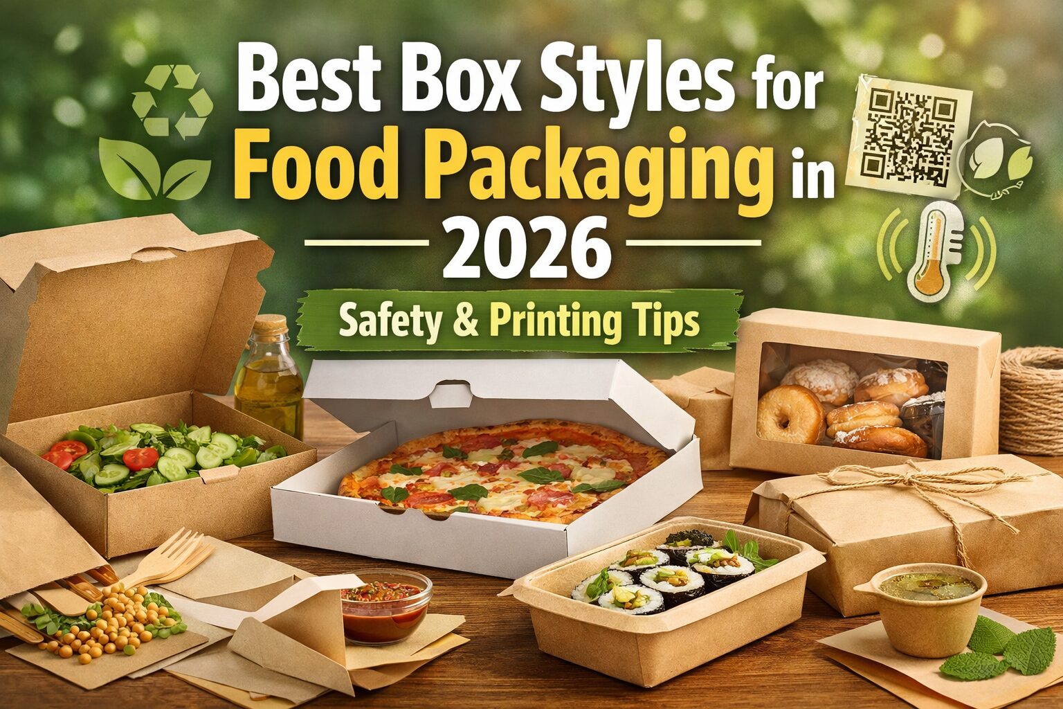 Eco-friendly food packaging box styles in 2026 including pizza, bakery, salad and takeaway boxes with safety and printing design elements.