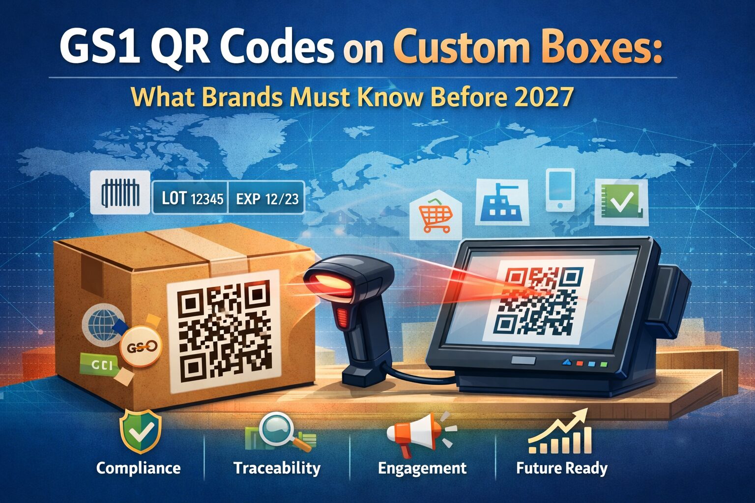 GS1 QR code printed on a custom box being scanned at retail, illustrating packaging compliance and digital engagement before 2027