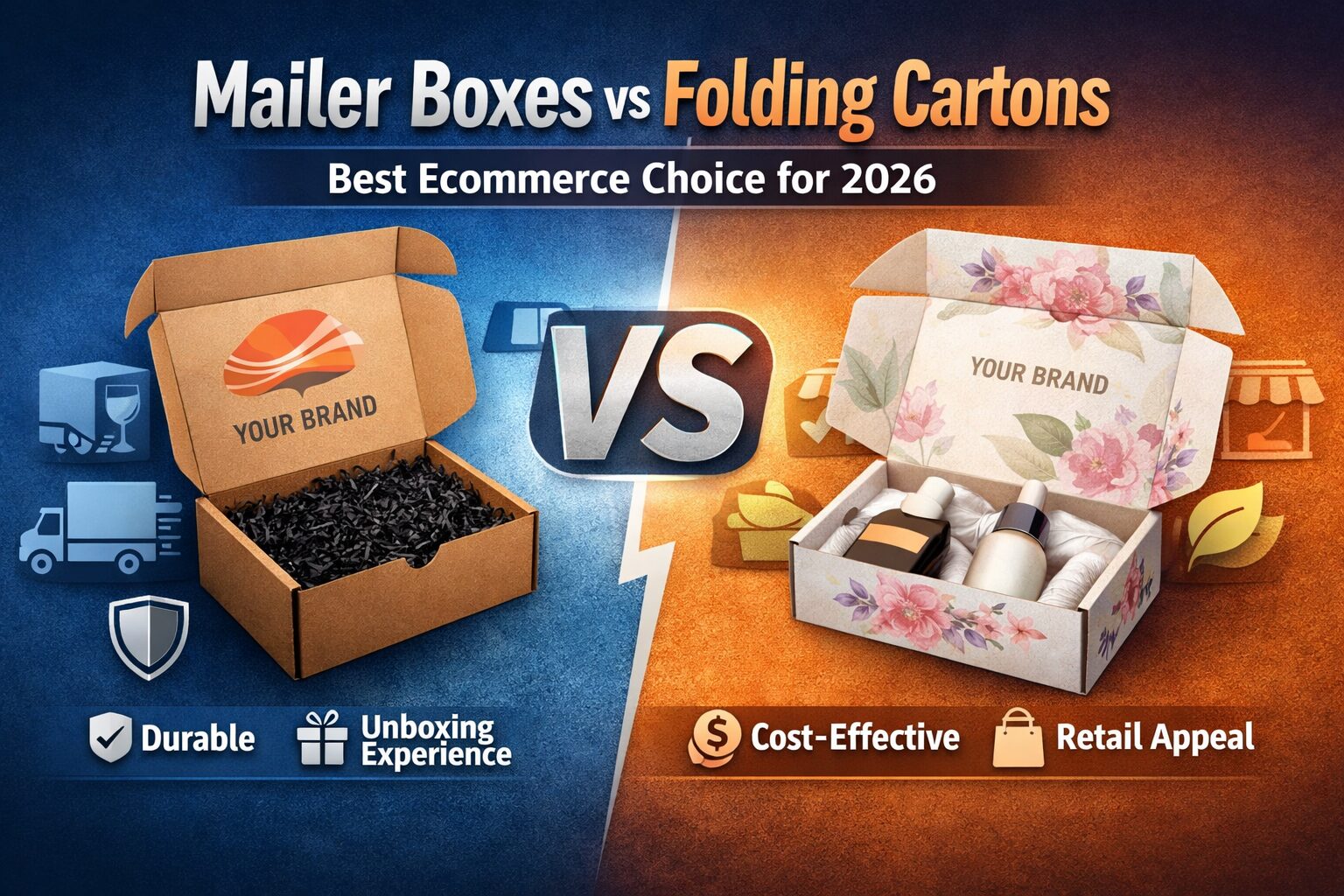 Comparison of mailer boxes vs folding cartons for ecommerce packaging, highlighting durability, branding, cost, and retail appeal in 2026