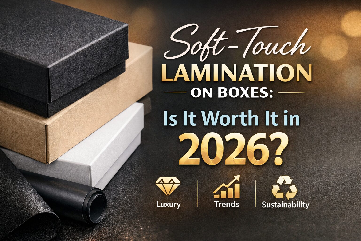 Soft-touch lamination on luxury packaging boxes showing matte, velvety finish and premium design, highlighting whether soft-touch lamination is worth it in 2026