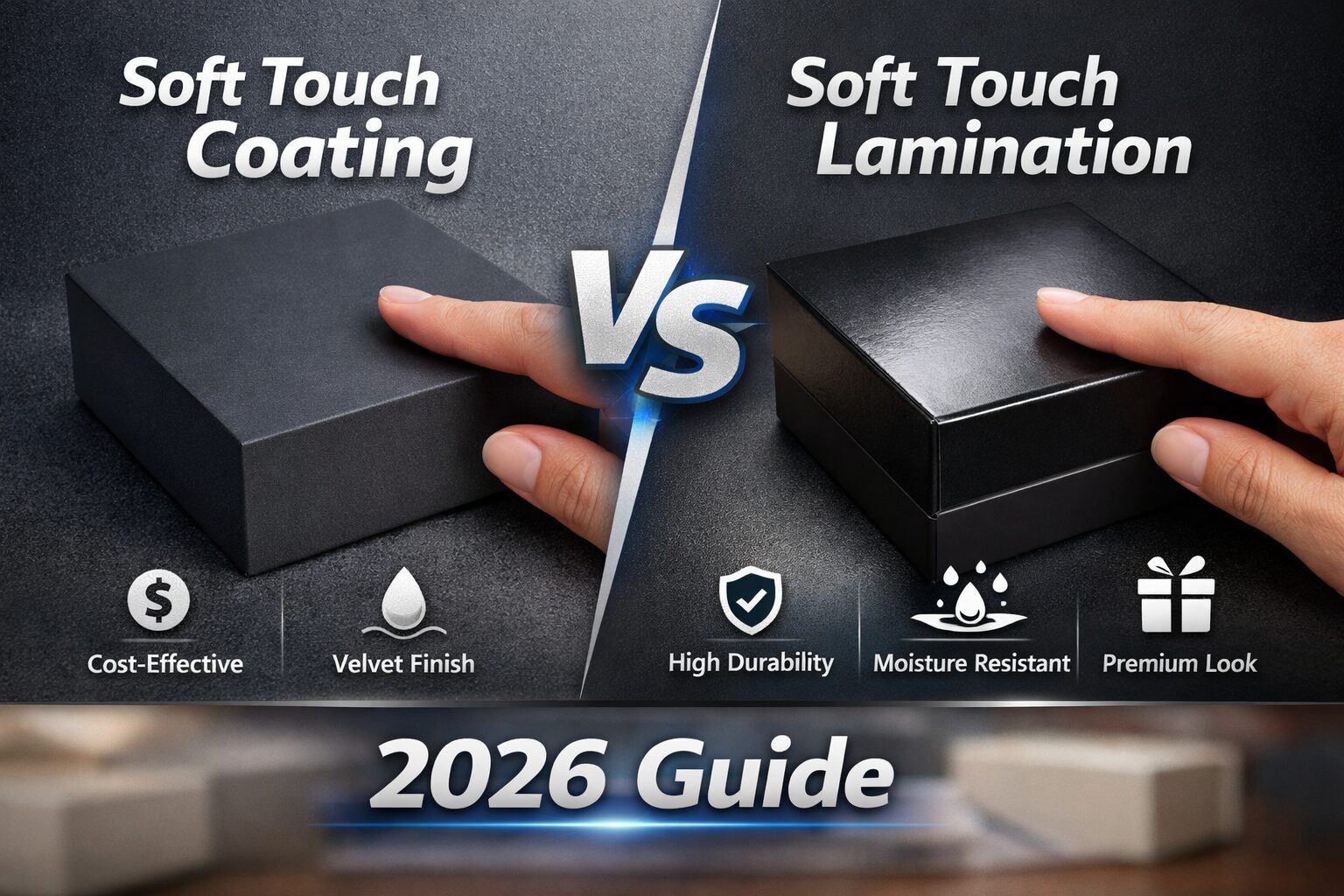 Soft touch coating vs soft touch lamination comparison showing texture, durability, cost, and packaging finish differences in 2026.