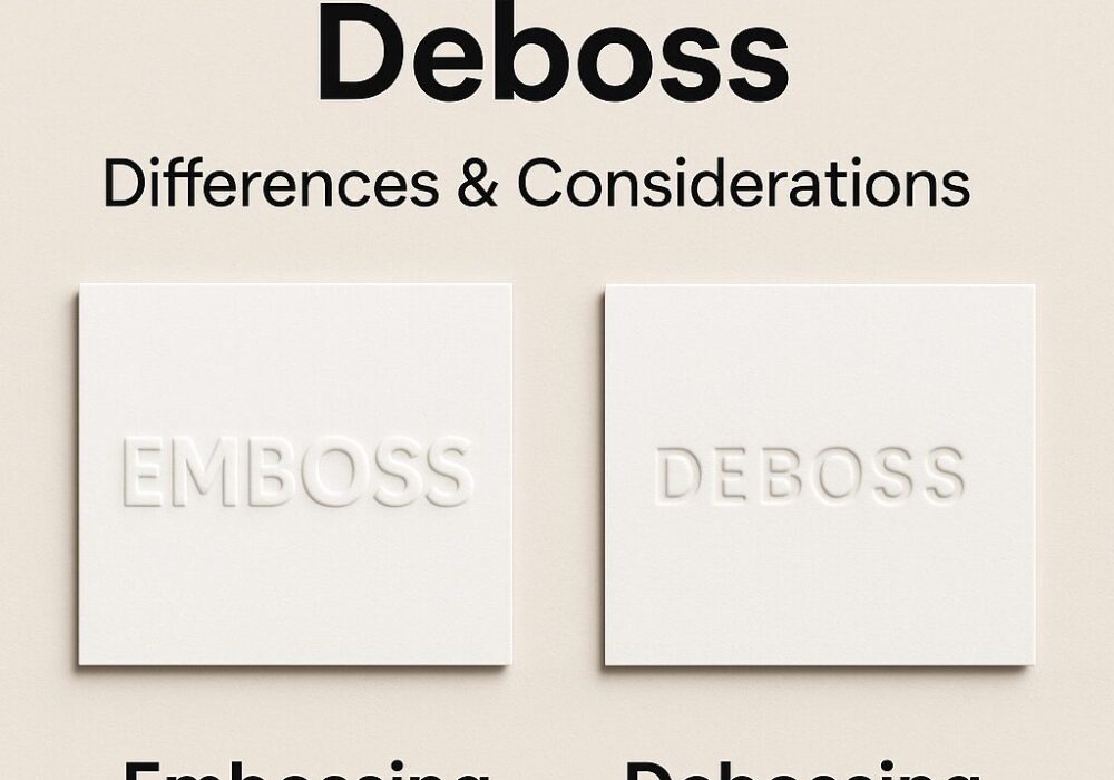 Emboss vs deboss comparison showing raised embossing and recessed debossing on cardstock paper