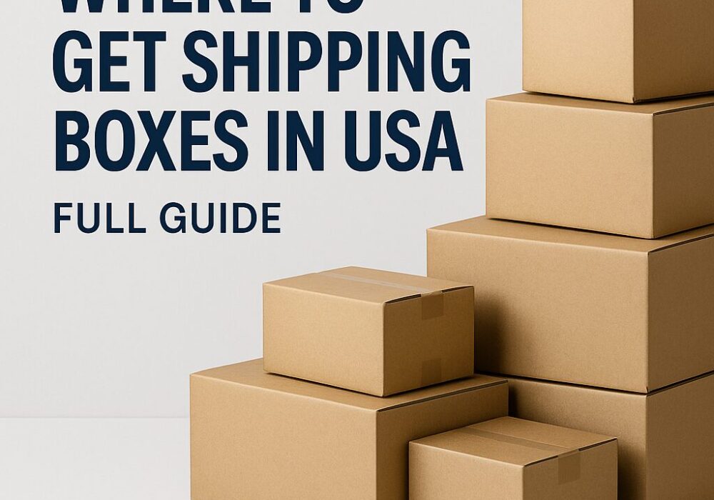 Stack of corrugated shipping boxes with text Where to Get Shipping Boxes in USA featured image.
