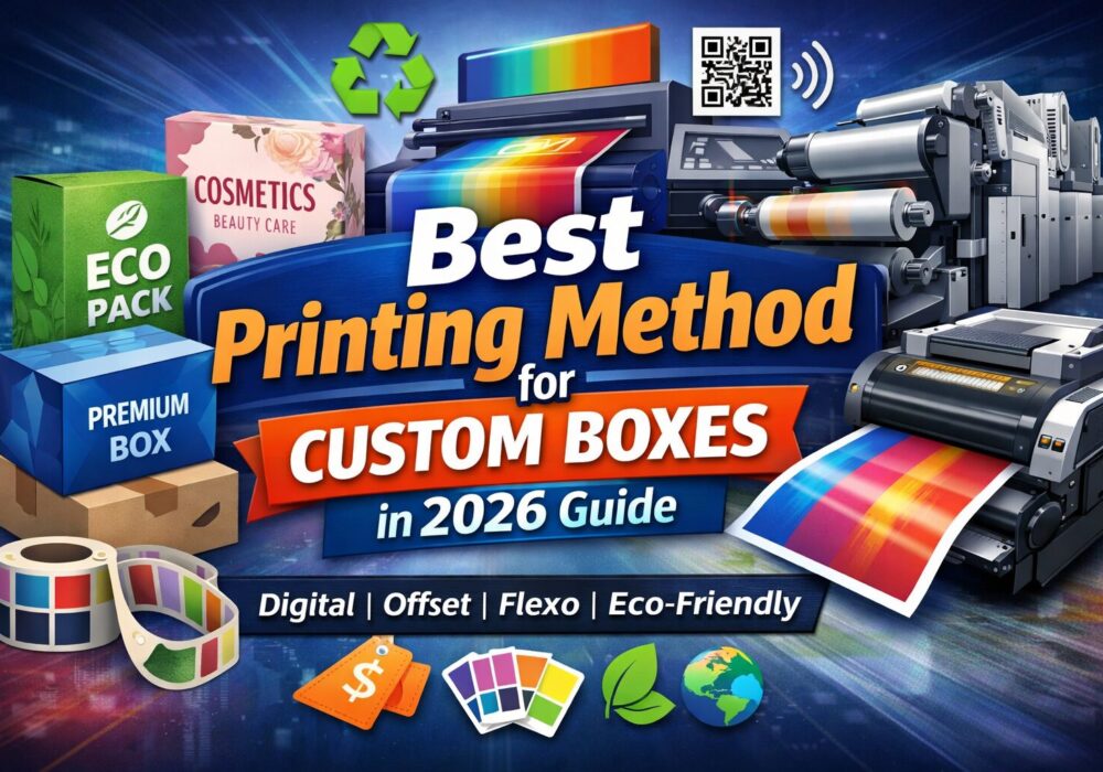 Best printing method for custom boxes in 2026 featuring digital, offset, and flexographic printing machines with eco-friendly packaging boxes.