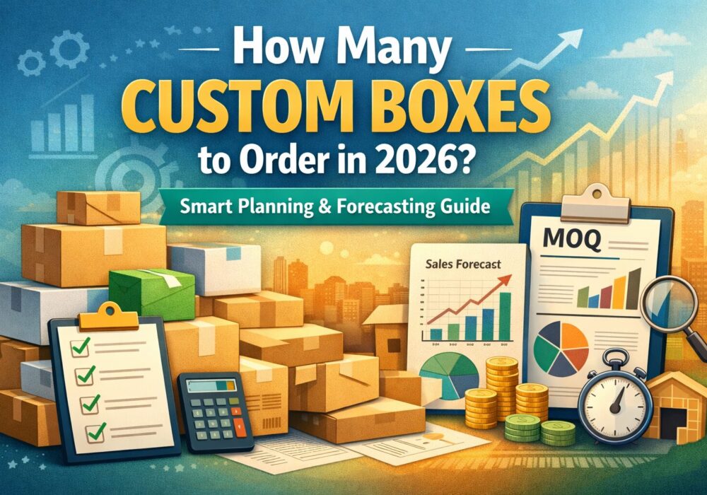 How many custom boxes to order in 2026 guide showing stacked packaging boxes, sales forecast charts, MOQ clipboard, and inventory planning visuals.