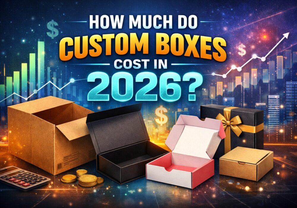 Custom boxes cost in 2026 with different packaging types including corrugated, rigid, and mailer boxes displayed alongside financial graphs and pricing elements.