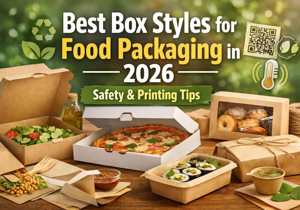 Eco-friendly food packaging box styles in 2026 including pizza, bakery, salad and takeaway boxes with safety and printing design elements.