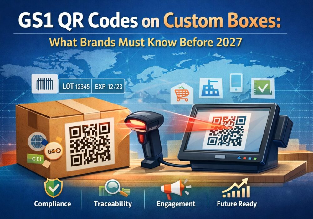 GS1 QR code printed on a custom box being scanned at retail, illustrating packaging compliance and digital engagement before 2027
