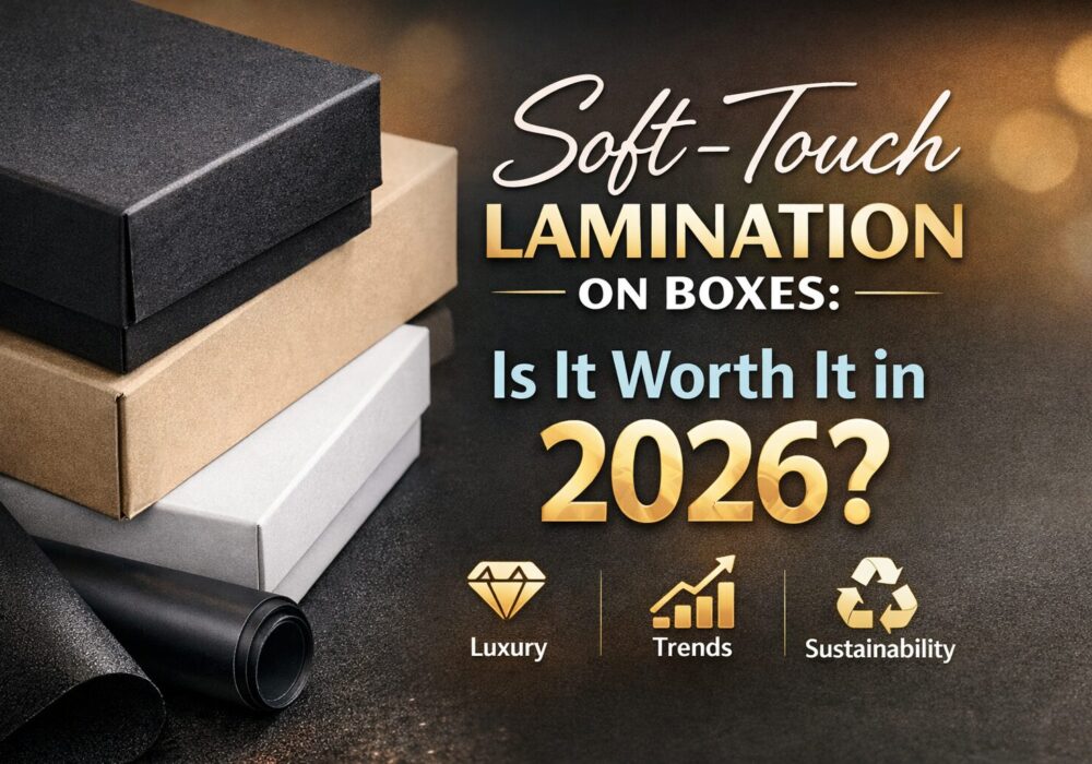 Soft-touch lamination on luxury packaging boxes showing matte, velvety finish and premium design, highlighting whether soft-touch lamination is worth it in 2026
