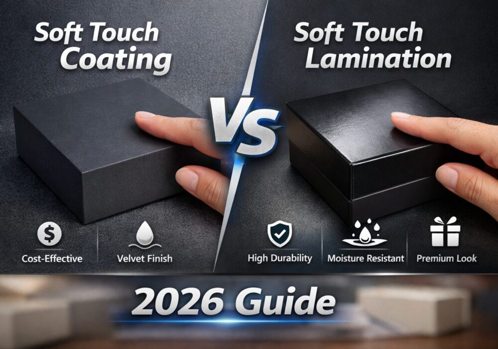 Soft touch coating vs soft touch lamination comparison showing texture, durability, cost, and packaging finish differences in 2026.