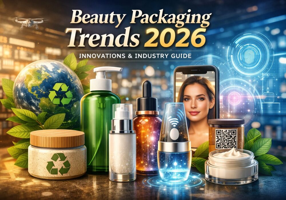 Beauty packaging trends 2026 illustration showing sustainable cosmetic packaging, recyclable containers, smart QR-enabled bottles, refillable skincare packaging, and futuristic beauty technology.