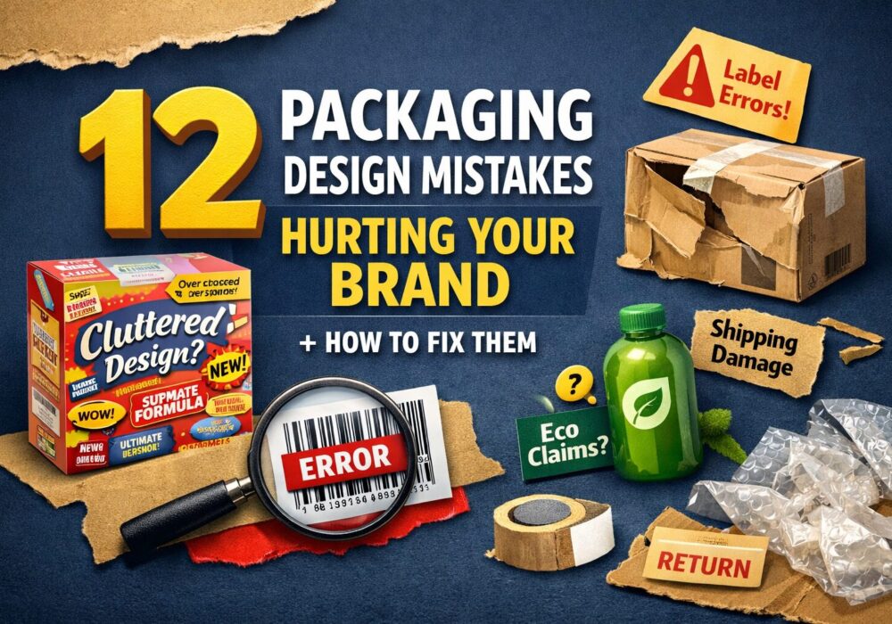 Featured image showing 12 packaging design mistakes that hurt your brand, including cluttered packaging, label errors, shipping damage, and misleading eco claims.