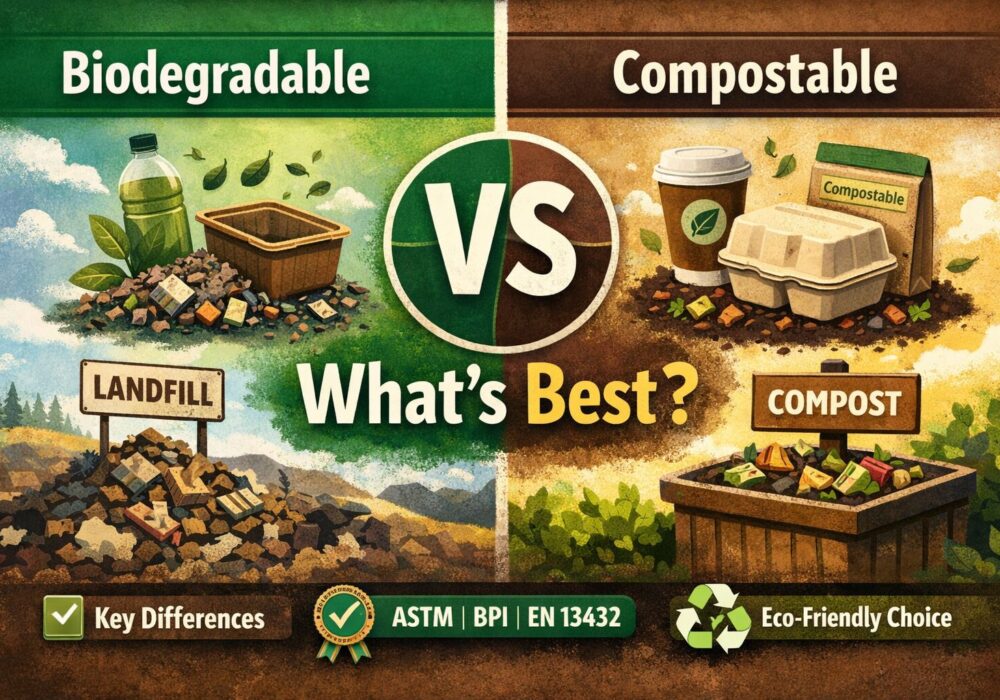 Biodegradable vs compostable packaging comparison showing landfill waste on one side and compostable food containers on the other.