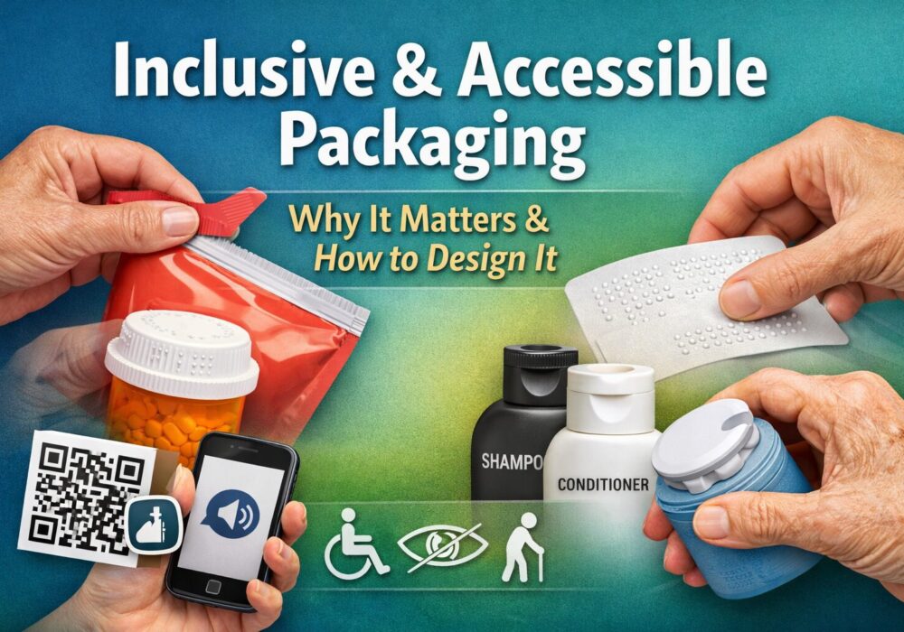 Hands demonstrating inclusive and accessible packaging features like Braille labeling, easy-open pouch, and QR code accessibility