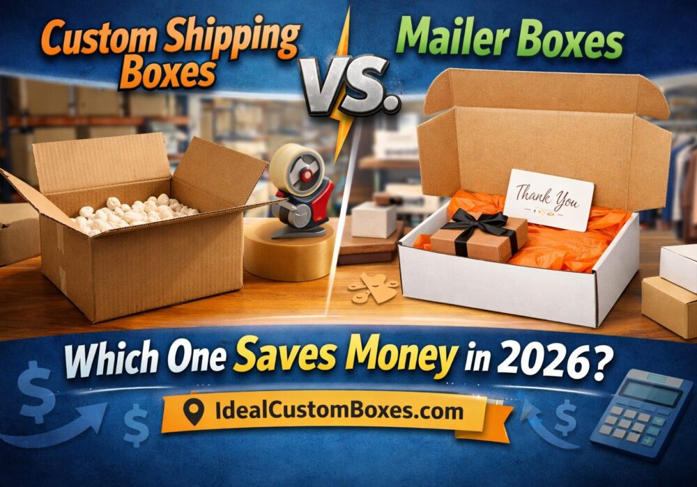 Side-by-side image of a corrugated shipping box and branded mailer box with text: Which one saves money in 2026?